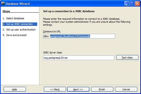 OO Base JDBC Database setup screen