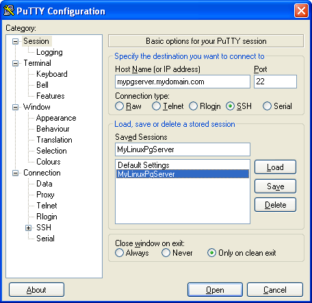 putty saved session select