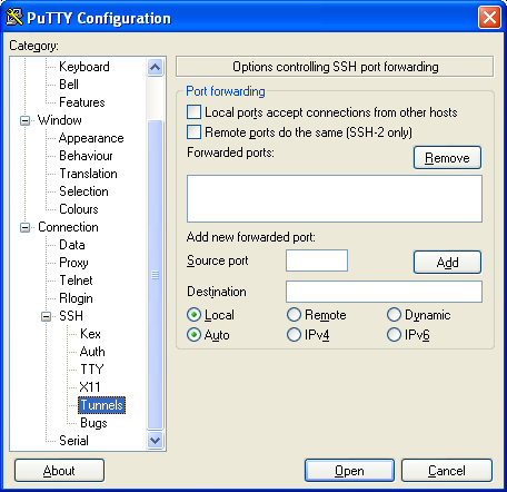 putty SSH tunnel step 1